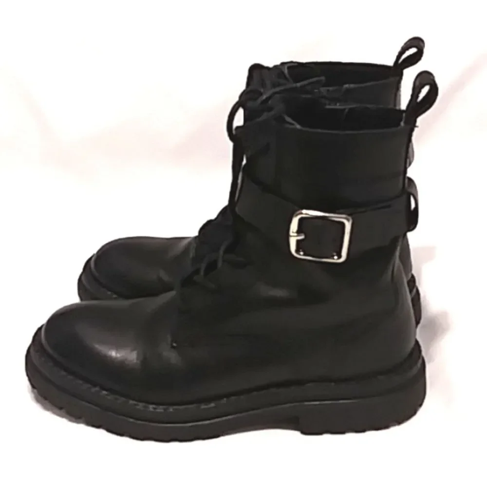 Zara Girls Combat Boots Leather Lug Easy Zip Laced Look Silver Buckles EU 32